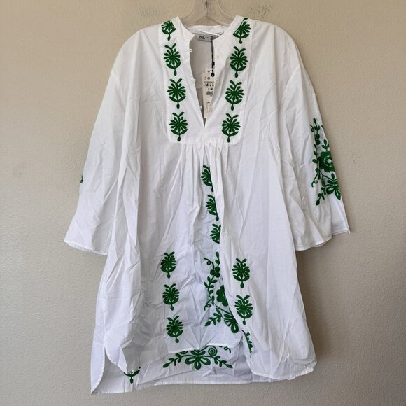 White Green Embroidered Cotton Kaftan Tunic Mini DRESS from ZARA Size Medium New - Picture 4 of 11